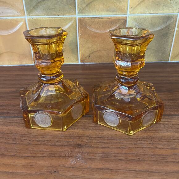 Vintage Pair Of Amber Fostoria Liberty & Coin Glass Candlestick Candle Holders - Picture 1 of 8